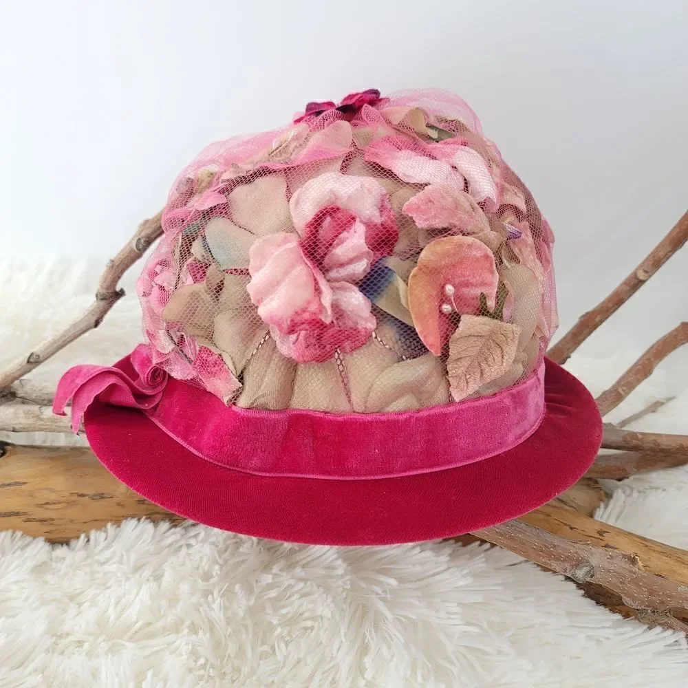 Vintage 1950s originals by Lee Bury of Dallas flower mesh and velvet hat pink - Picture 1 of 11